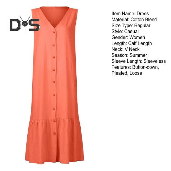 Летнее платье с V-образным вырезом, без рукавов, на пуговицах, свободное А-силуэтное плиссированное платье миди с карманами, однотонное пляжное платье