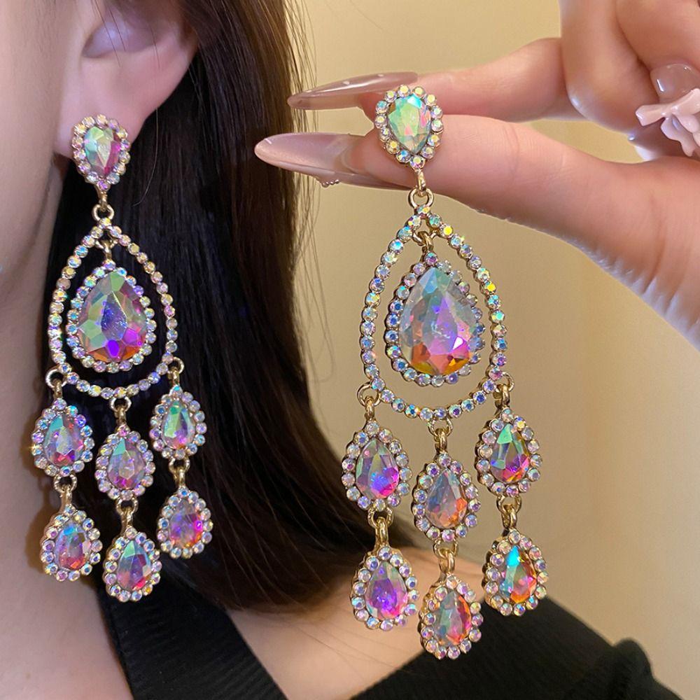 Colored Crystal Dangle Earrings Exaggerated Design Tassel Earrings Ladies' Jewelry