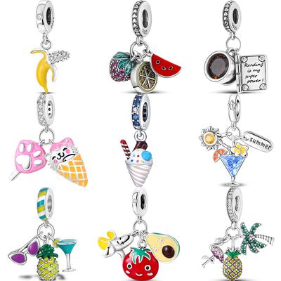 Медь 925 пробы Ананас Банан Клубника Арбуз Мороженое Летняя подвеска Бусины Подходят для оригинального браслета-шарма Pantaro DIY Циркон