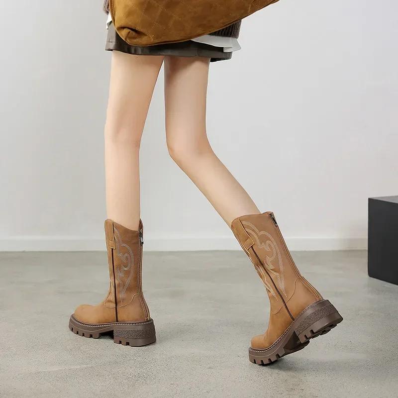 Мода вышивка женские ковбойские сапоги в стиле вестерн модные молнии сзади туфли ретро стиль осень зима дамы рыцарь полусапожки