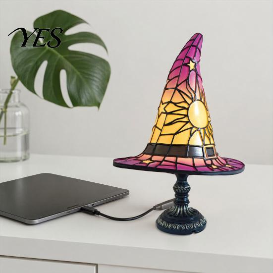 Halloween Nightstand Lamp Stained Glass Witch Hat Lamp, USB Powered Night Light for Bedroom Shelf Cozy Lighting Decor, Warm Glow Gothic Table