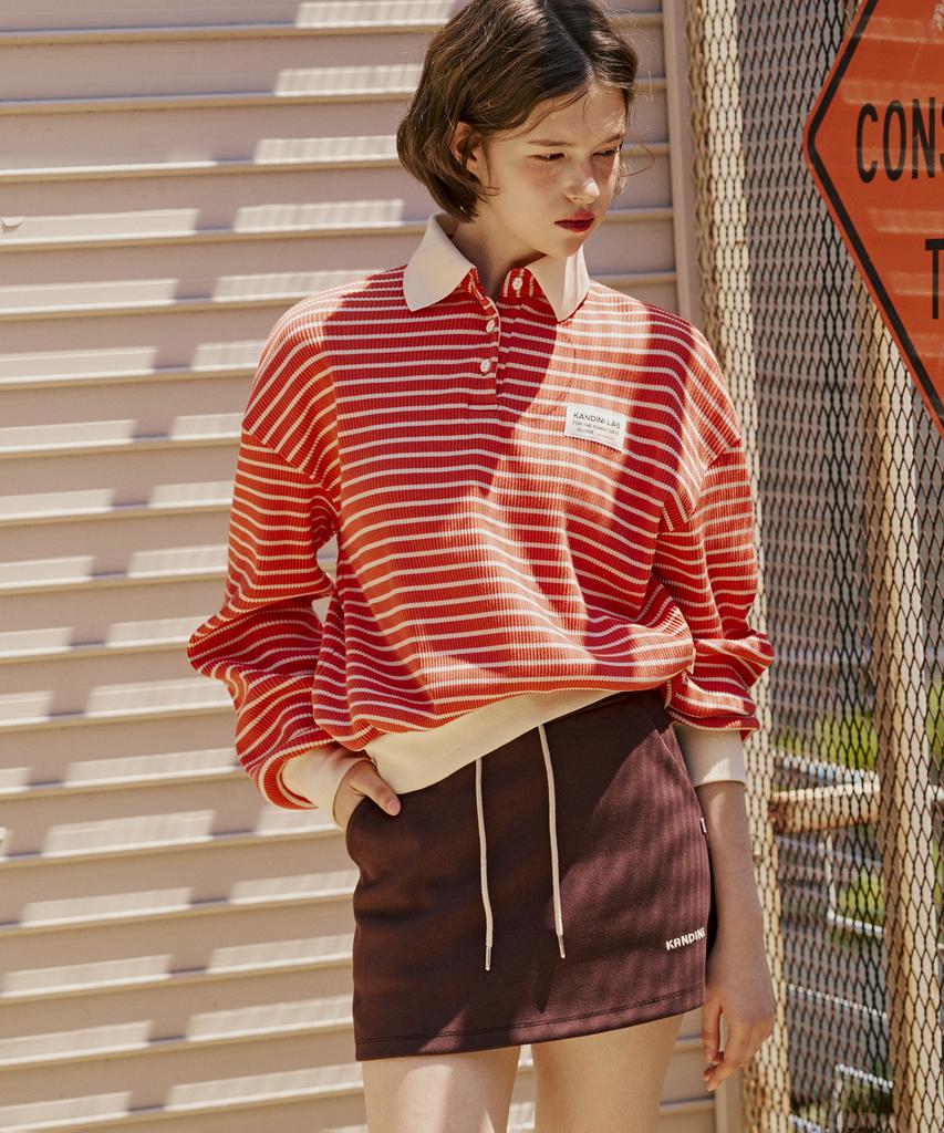 KANDINI Orange Striped Ribbed Polo Shirt