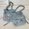 Новая джинсовая сумка-тоут с вышивкой бантиком, большой вместимости, на шнурке, модная наплечная сумка