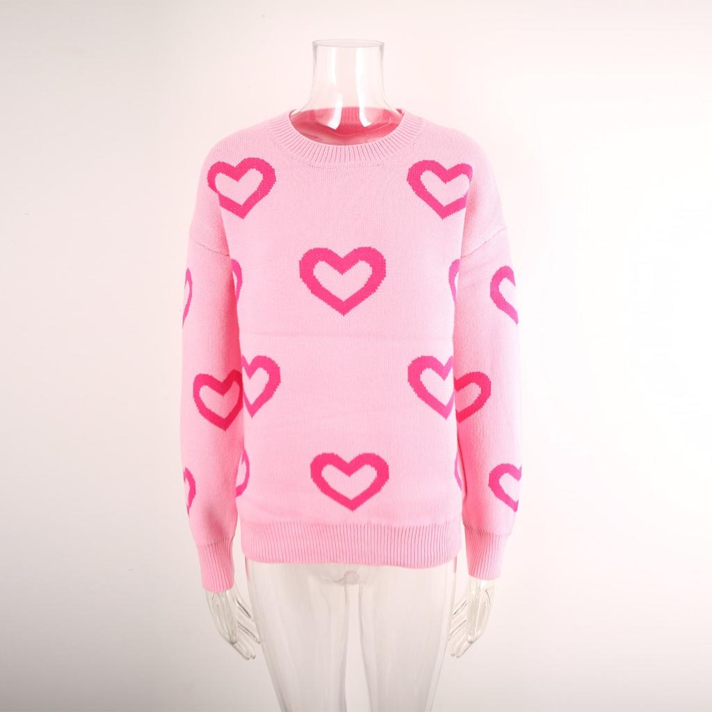Women's Loose Casual Fashion Round Neck Heart Sweater Knitted Bottoming Shirt Sweater