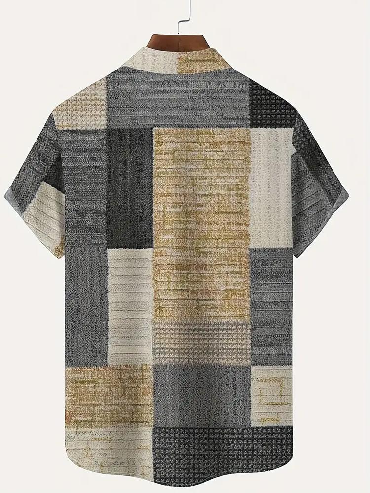 Мужская рубашка с коротким рукавом из винтажного геометрического коврового твила с 3D-цифровым принтом и карманом на пуговицах, 100% полиэстер, летняя повседневная