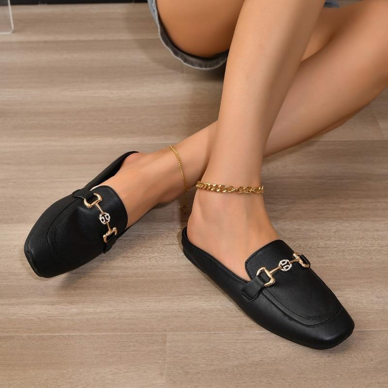 Тапочки Baotou Half Slippers Женская обувь в британском стиле Модные металлические пряжки Украшенные средним каблуком Повседневные шлепанцы Весна Лето Ленивые тапочки