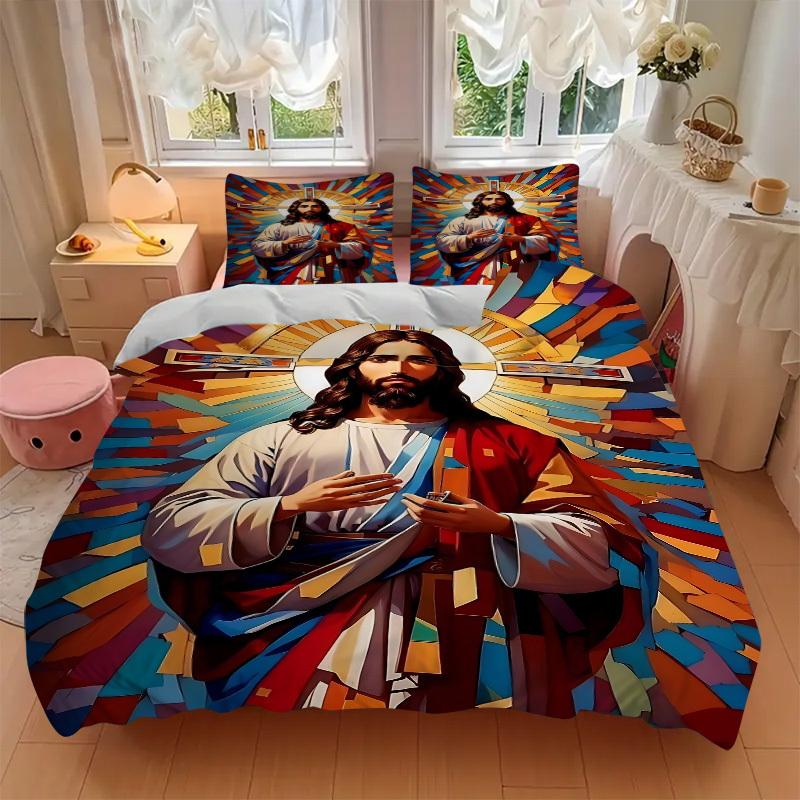 3PCs ReligiousIconography Design Cover Set, Breathable Fabric, Machine Washable (1 Duvet Cover + 2 Pillowcases) (Without Quilt) yy250911103