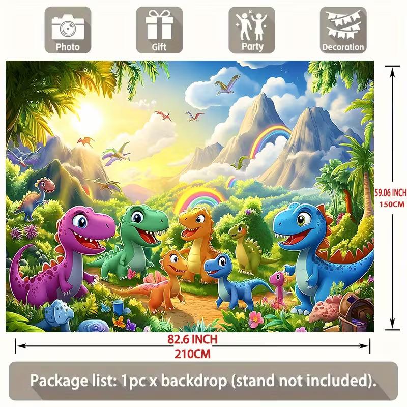 Vibrant Dinosaur World Backdrop Kids Jungle Landscape with Rainbow Photo Booth Background Banner for Party Decoration