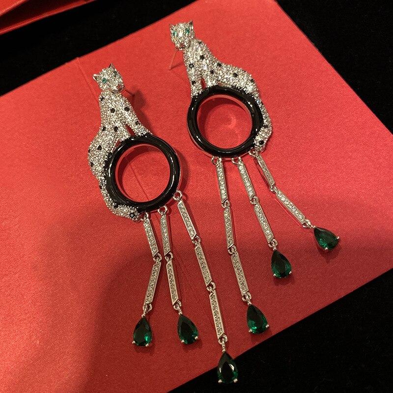 Длинные серьги-капли с головой леопарда, изумрудной огранкой и кисточкой, серебряные серьги 925 цвета с иглой, серьги с животными для женщин, дизайнерские украшения