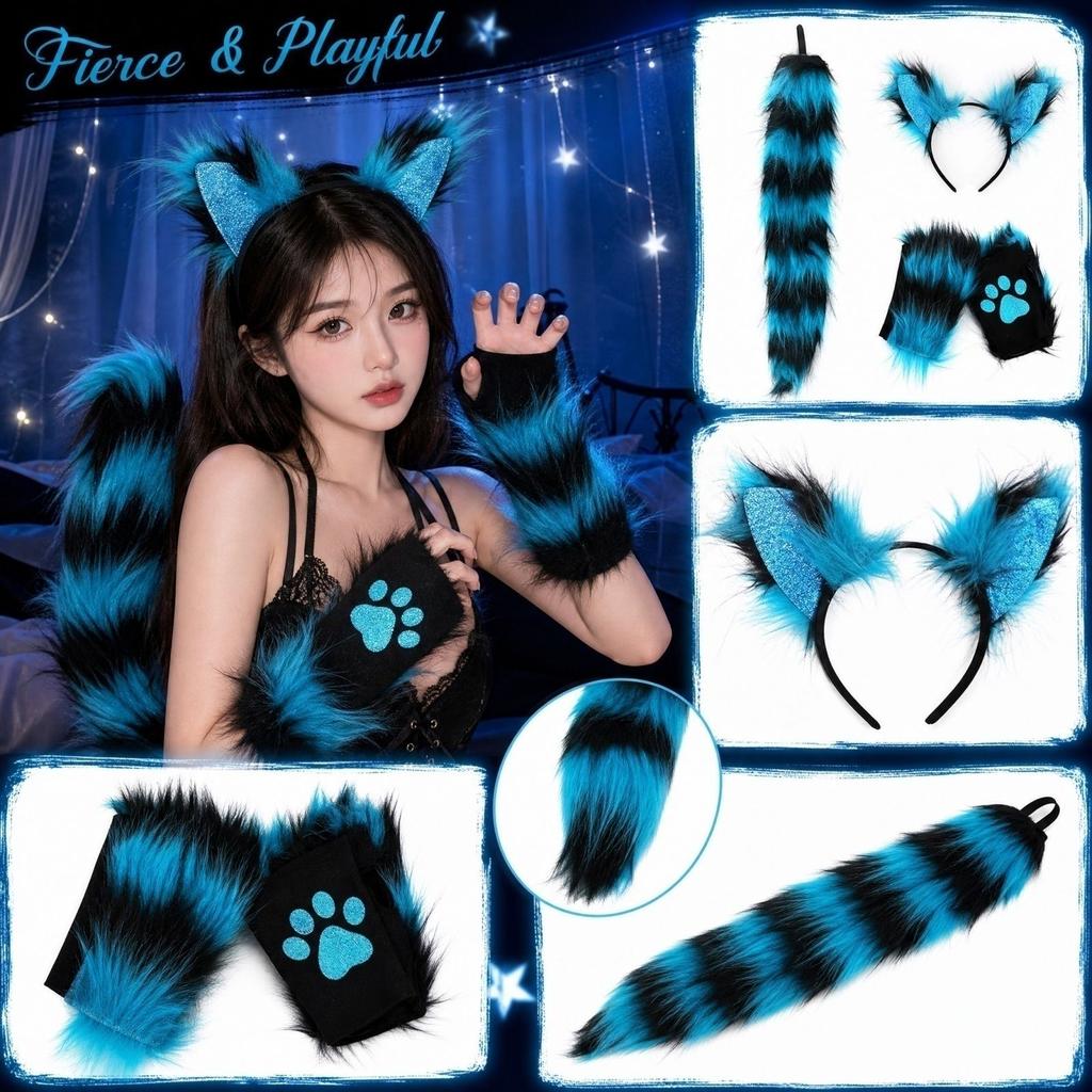 Ear Headband Gloves and Tail Set - 3 Piece Party Costume Accessory for Women