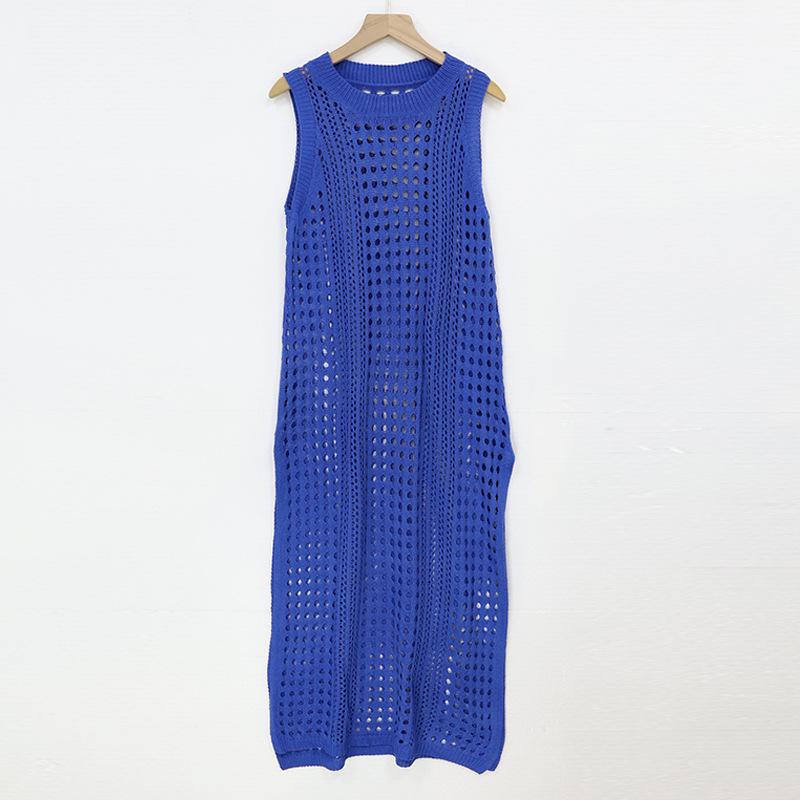 Летний женский полый вязаный жилет, морское длинное платье с круглым вырезом, без рукавов, пляжная накидка