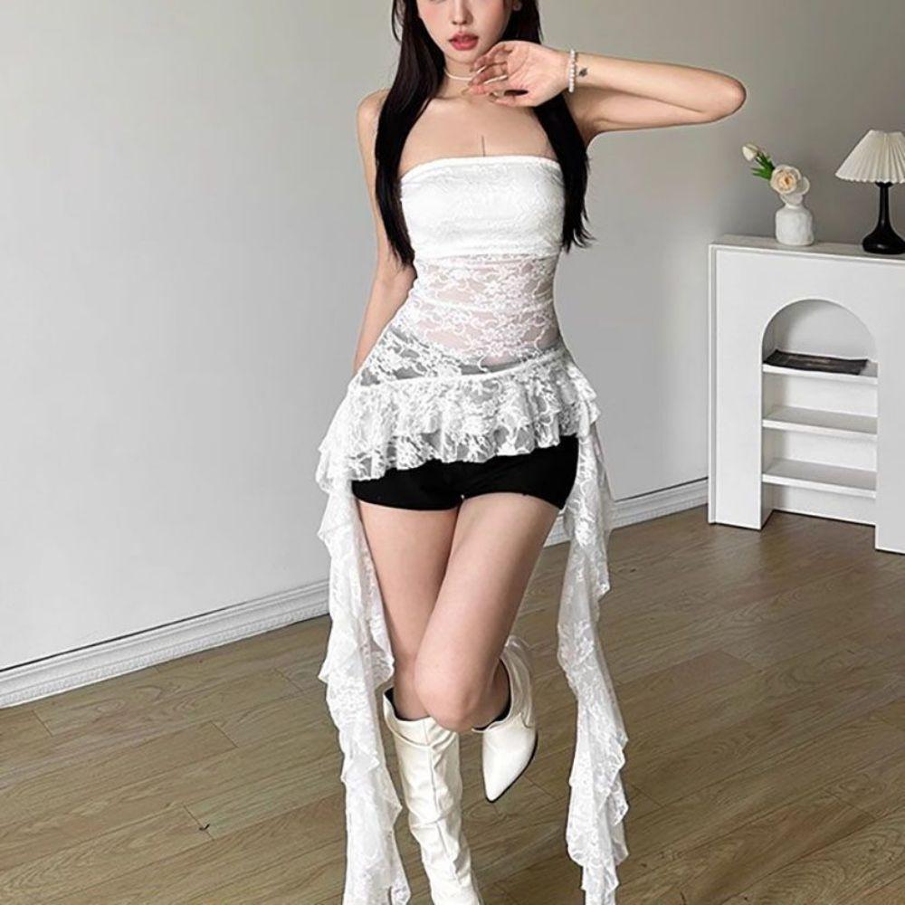 Off Shoulder Jellyfish Mesh Tube Top Irregular Hem Women Chic Tops Fashion Lace Ruffle Vest Party