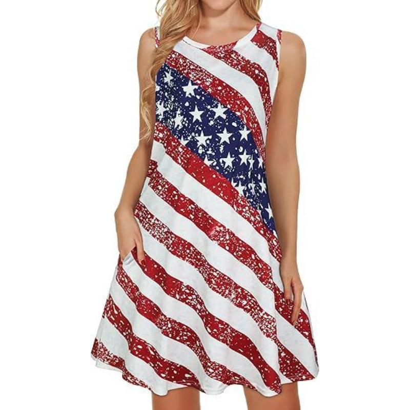 European And American Wish New American Flag Suspender Big Swing Women'S Dress Casual Crew Neck Vest Dress