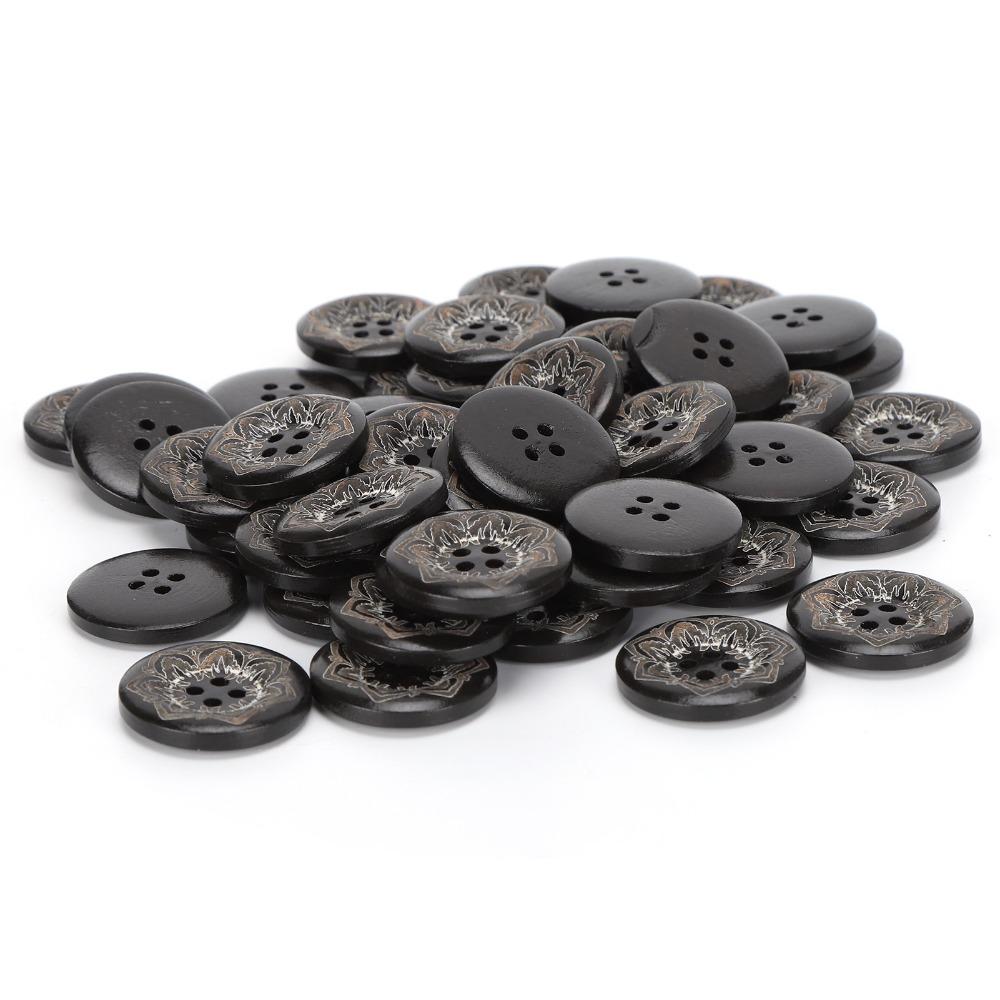 50pcs Handmade 25mm (1") Wooden Buttons 4 Hole Carved Flowers Round Buttons Sewing Accessories For Sewing DIY