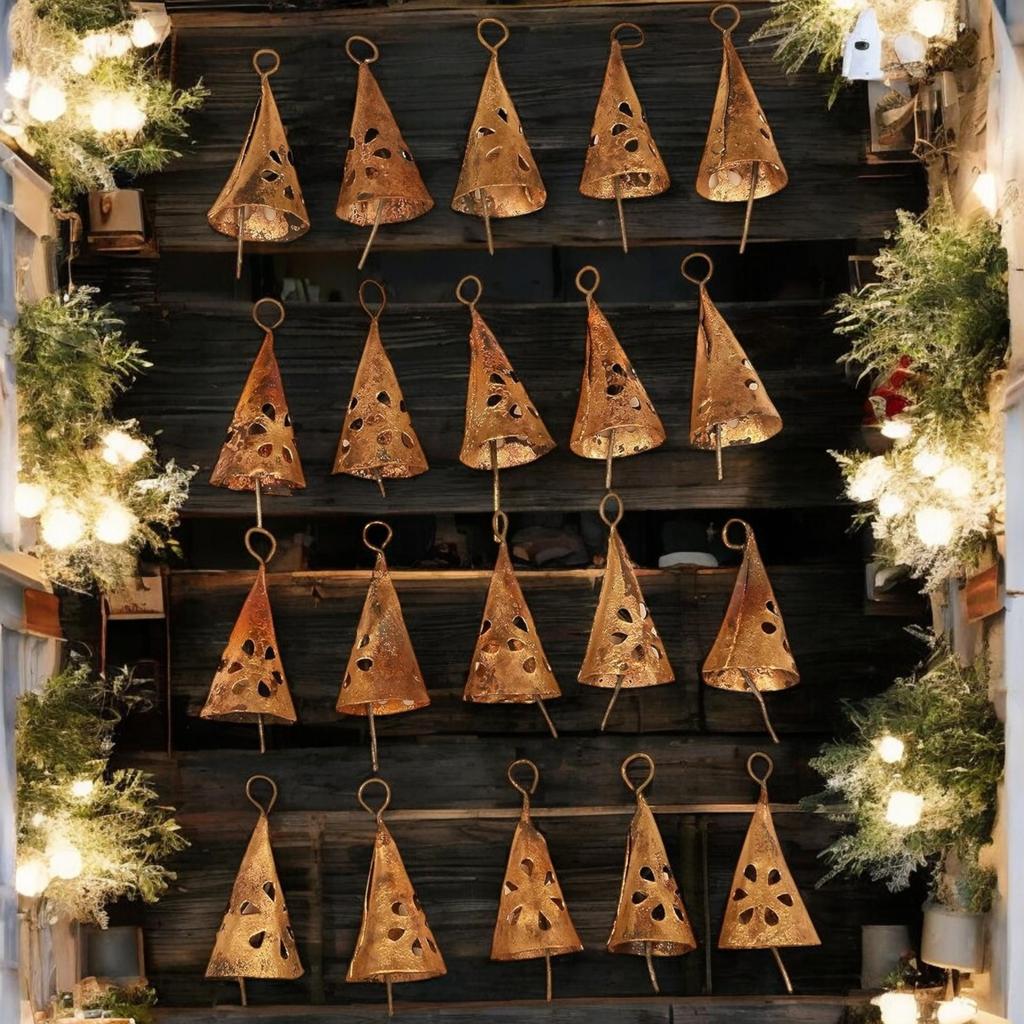Handmade Tin Bells Set of 20 Antique Gold Indian Jingle Ornaments for Christmas Holiday Decor