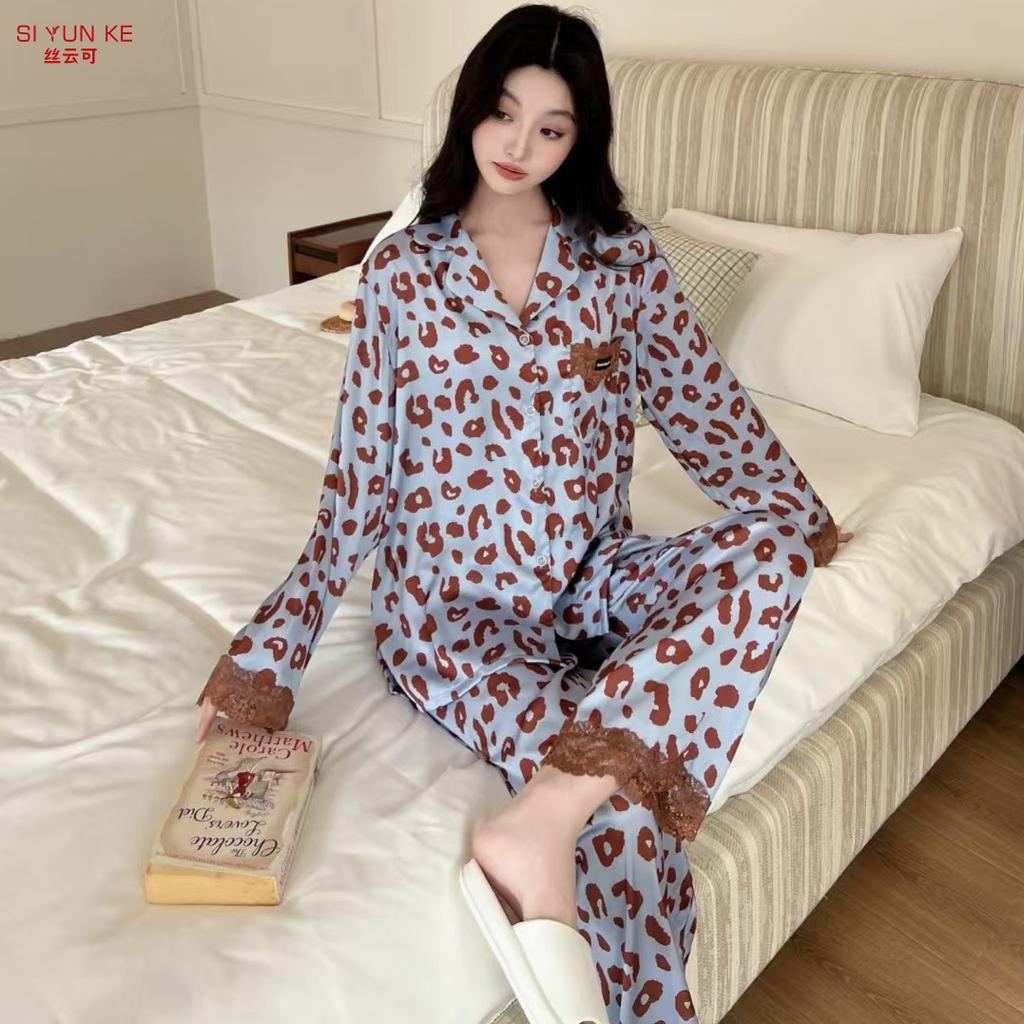 [Leopard print] Autumn and winter new ice silk pajamas women's satin leopard print casual long-sleeved loose high-end loungewear