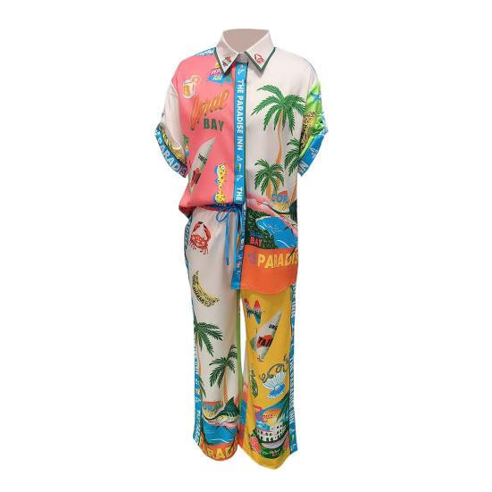 Женский комплект из 2 шт./компл., однобортный однобортный короткий стиль, рубашка с ярким принтом, брюки, топ с рукавами и лацканами для отдыха на Гавайях