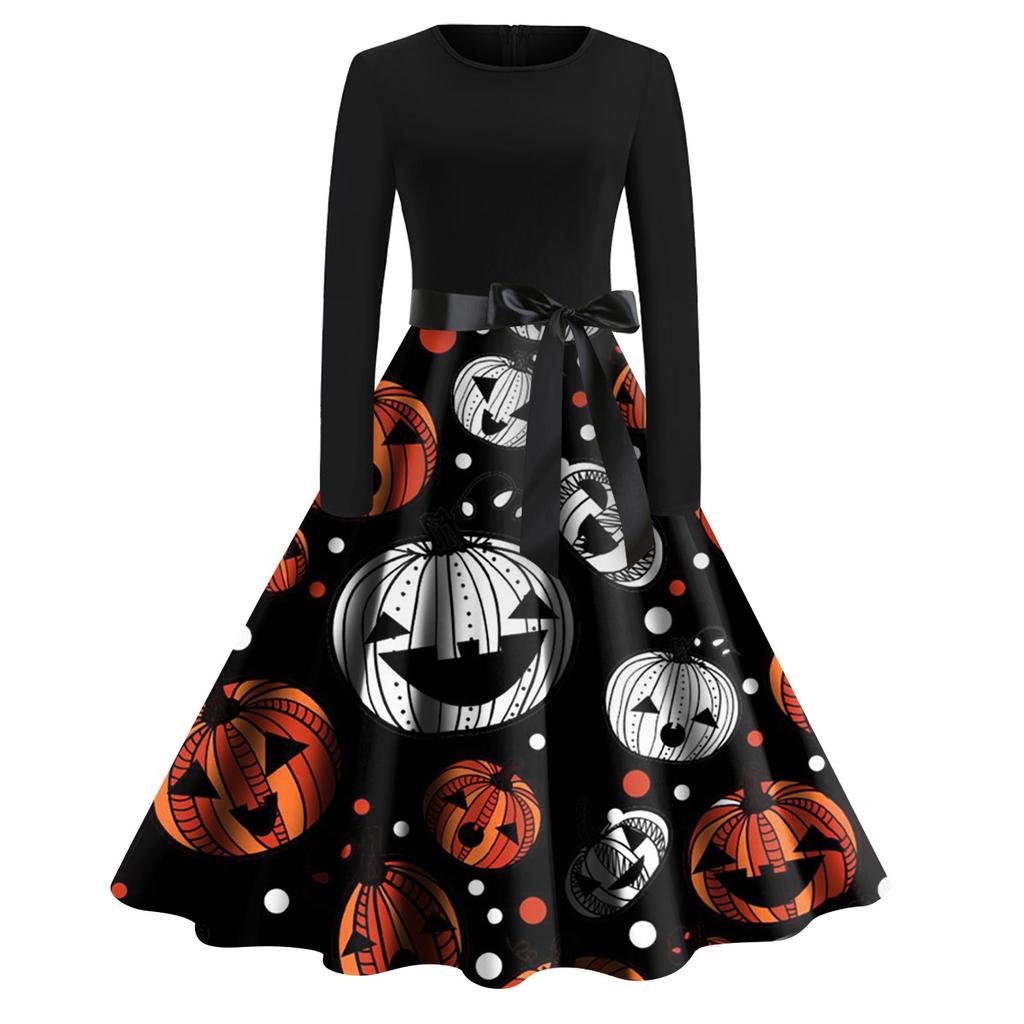 Женское платье с расклешенным принтом на Хэллоуин с длинным рукавом и круглым вырезом, вечерние повседневные платья