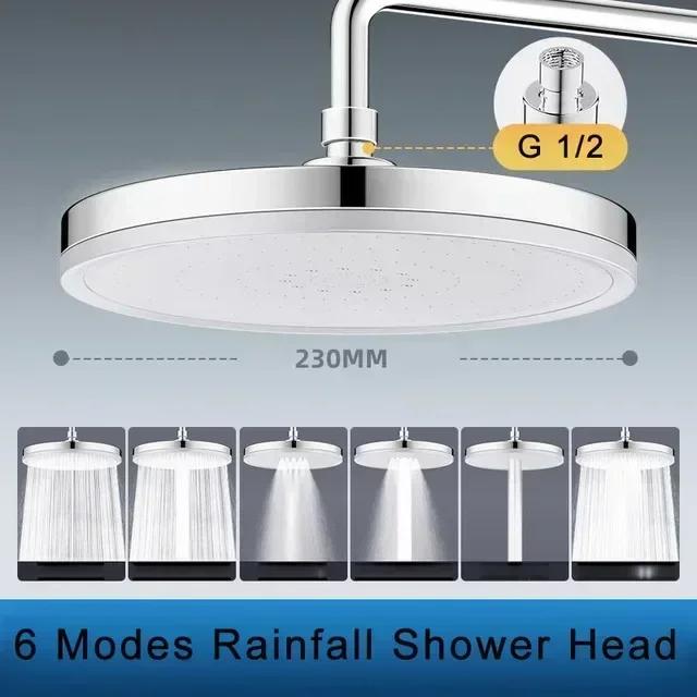 New 6 Modes Adjustable Large Rainfall Shower Head High-Pressure Water Saving Big Panel Top Spray Rain Showerhead 360° Swivel