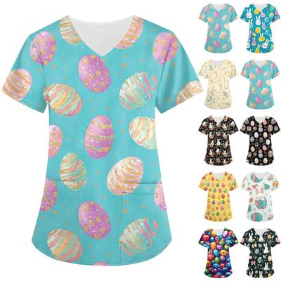 Женская модная футболка с короткими рукавами и v-образным вырезом с принтом, маленькая рабочая футболка с карманами
