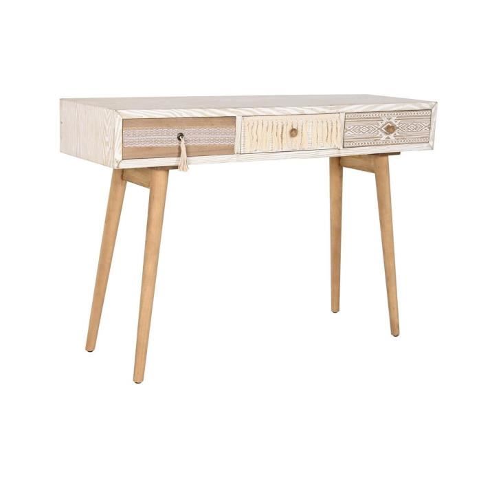 Console bohème naturelle en sapin et coton blanc - 120 cm - 3 tiroirs