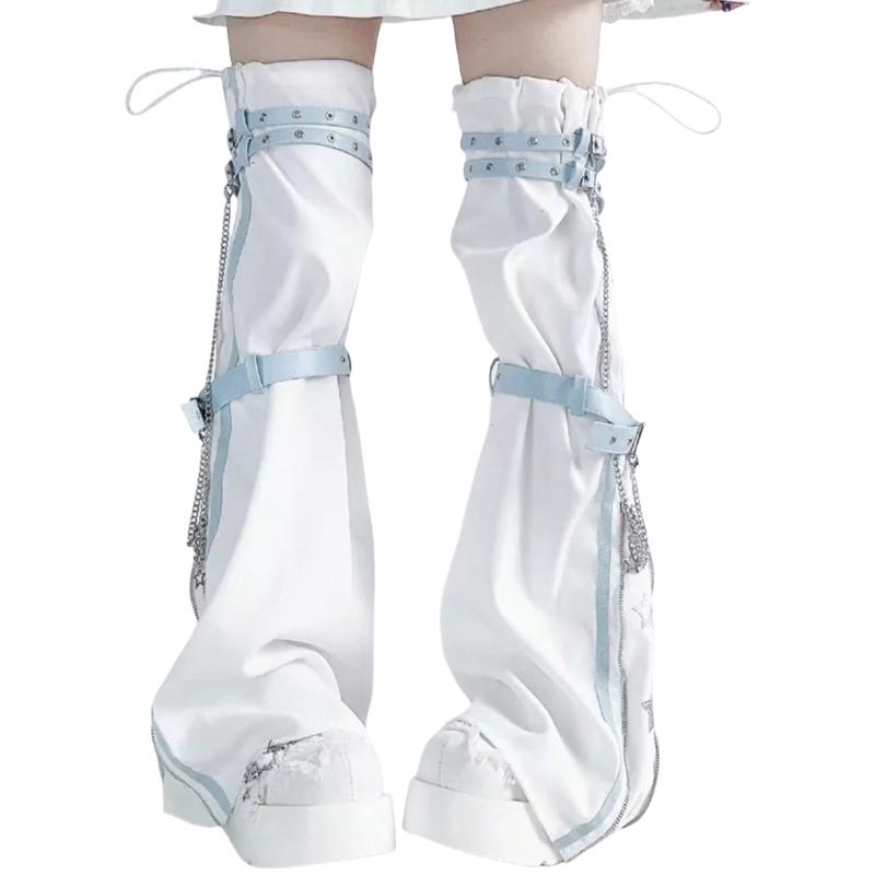Women Harajuku Star Print Zippered Flared Leg Warmer Aesthetic Fashion Punk PU Harness Strap Leg Cover Thigh High Socks