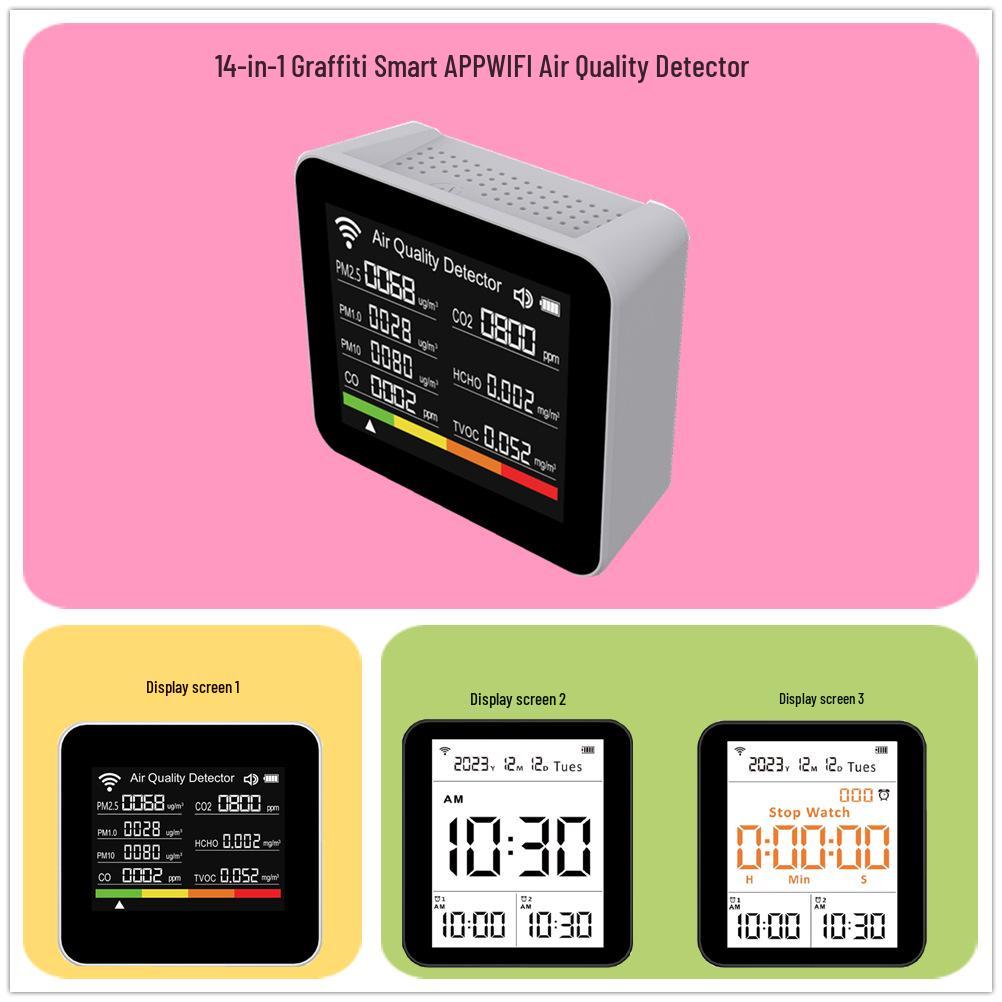 2Co10 14-in-1 Smart Air Detector with App & WiFi - Monitors CO2, CO, PM2.5, Formaldehyde, TVOC