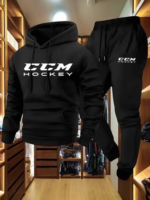 Оптовый мужской повседневный спортивный комплект из двух предметов CCM с принтом: толстовка с длинным рукавом и капюшоном и комплект спортивных брюк