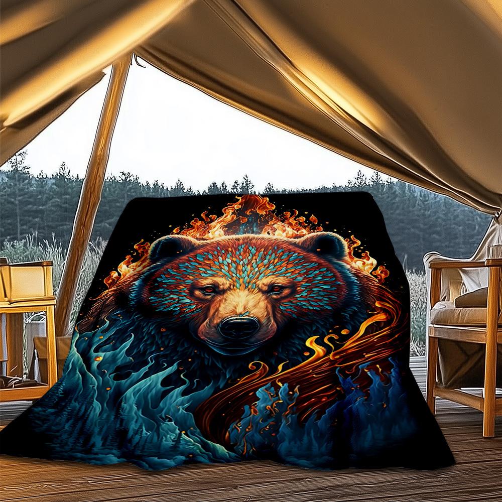 1pc Fire Bear Print Print Outdoor Blanket, Lightweight Polyester,