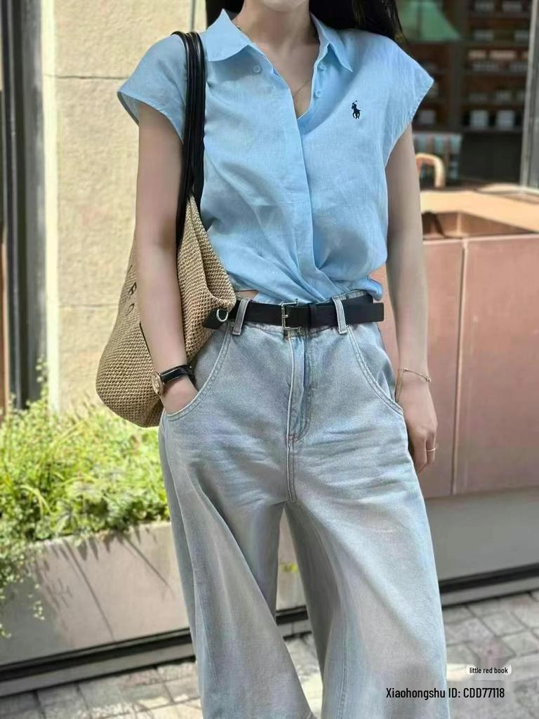 2025 Summer Ralph RL Little Pony Embroidered Pure Linen Goddess Short-Sleeved Shirt