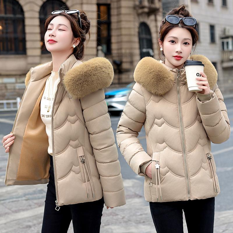 European and American Waist-hugging Cotton Jacket for Women, Short Winter Loose Thickened Large Fur Collar Coat