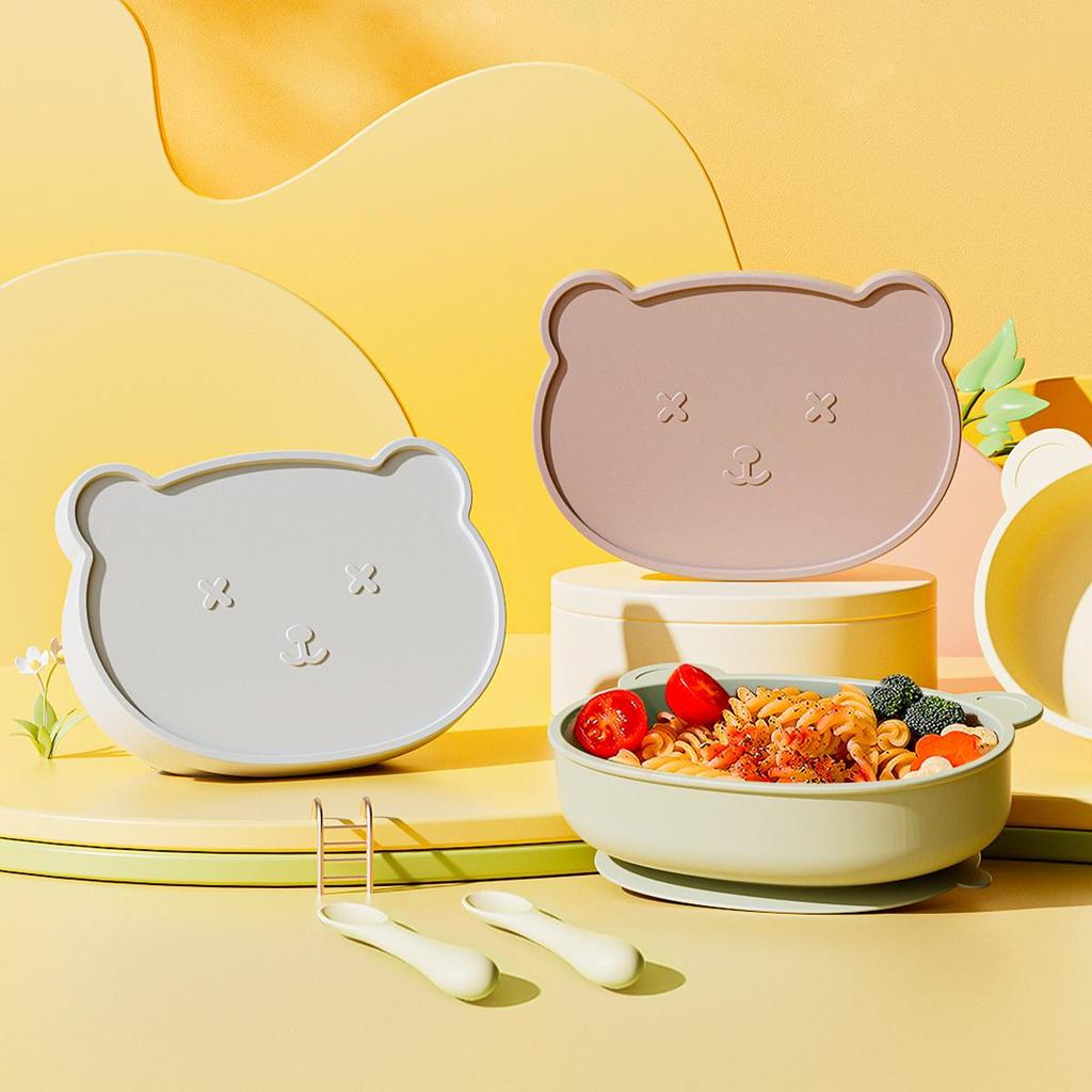 Silicone Baby Bowl with Lid, Food-Grade Suction Cup, Anti-Fall, Little Bear Design