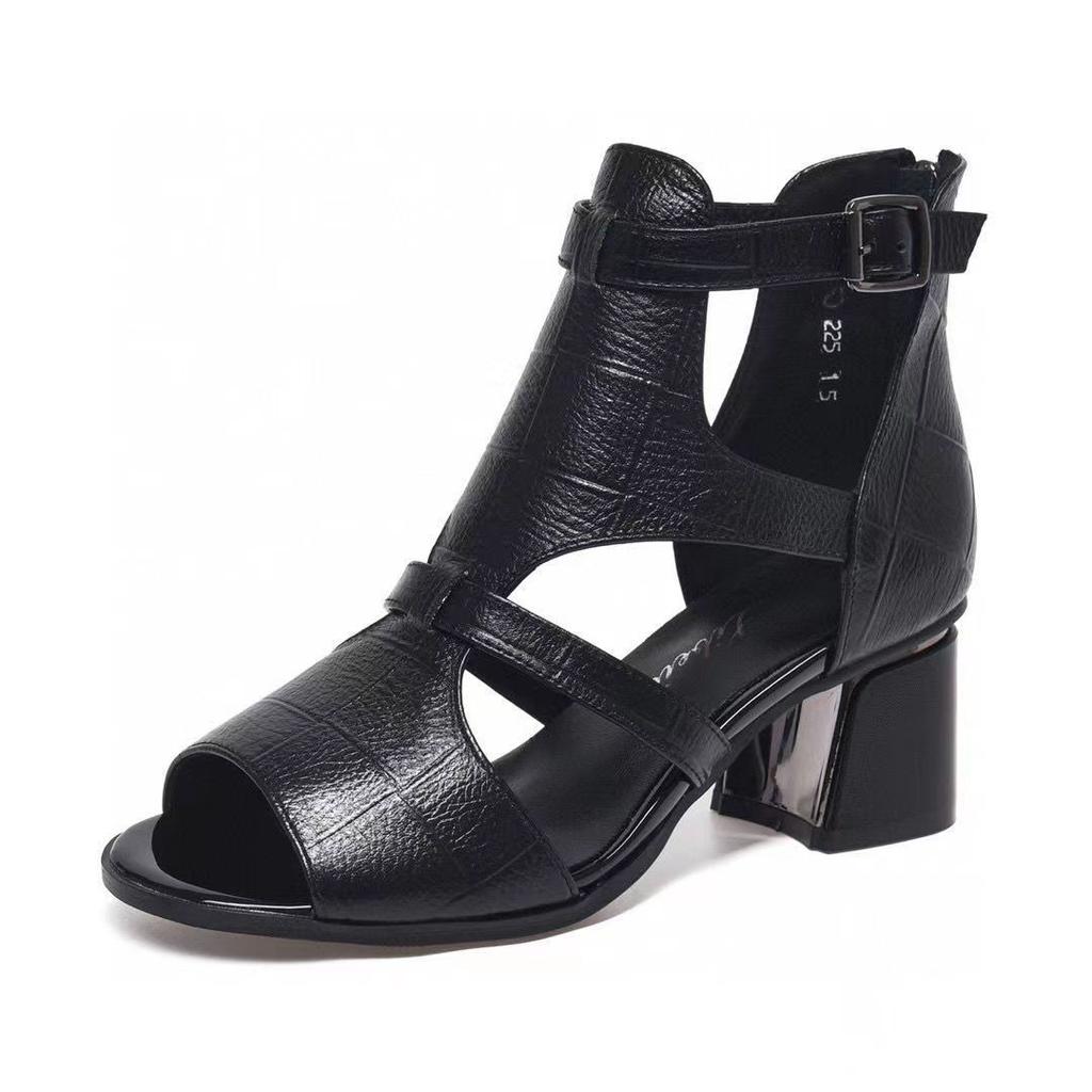 Женские босоножки в римском стиле на толстом каблуке с открытым носком и застежкой на пряжку