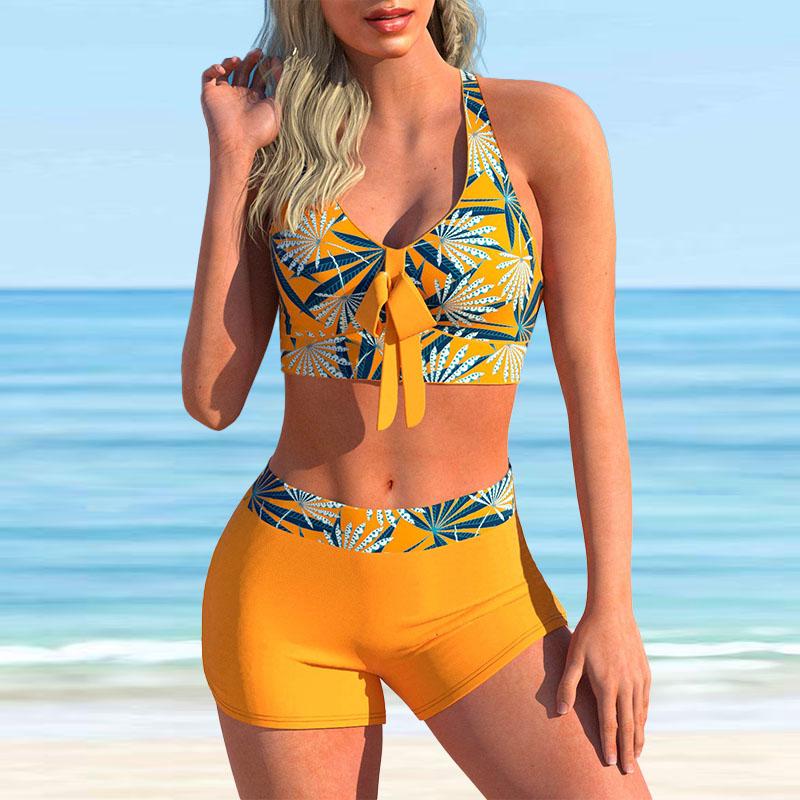 Women's Halter Leaf Print Bikini Tankini Swimsuit