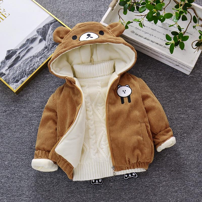 Children's Warm Cotton-padded Winter Thick Coat Cute Bear Shape Baby Corduroy Hooded Zip Jacket