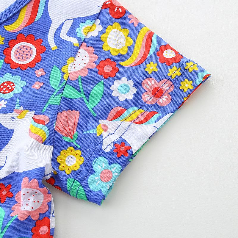 Летнее платье принцессы с мультяшным принтом для девочек - круглый вырез, короткие рукава, трикотаж из хлопка