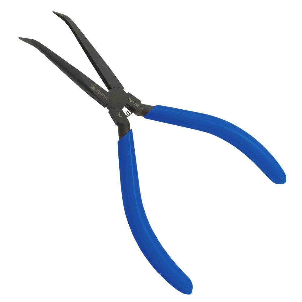 FUJIYA 303T-150 Bent-Tip Tweezers Pliers, Smooth Jaws, Spring-Loaded, No Cutter
