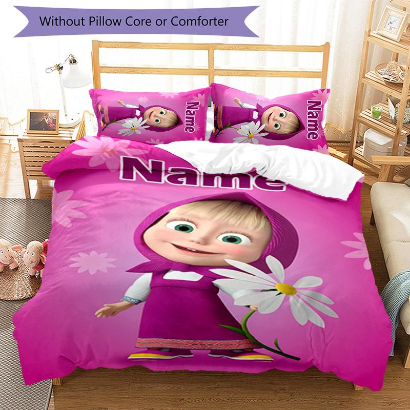 3pcs Masha and the Bear1 Cover Set - Personalized Name, HD Printed Bedding with 1 Cover and 2 Pillowcases - Perfect for Home Decor, Easy Care