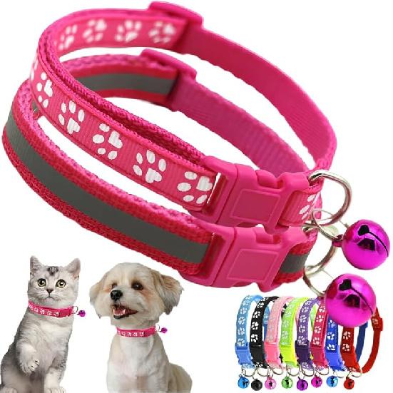Pink Extra Small Dog Collar with Bell, 2-Pack Puppy Collar with Bells Reflective Kitten Cat Collars Adjustable Buckle for Tiny Little XS XSmall Small