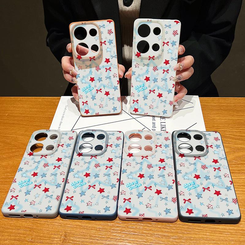 Чехол с узором из синих звезд и бантов для Xiaomi Redmi Note 14 13 Pro 5G 4G 12 11 Funda Xiaomi 14T 13T 11T Pro Силиконовая крышка с текстурой кожи
