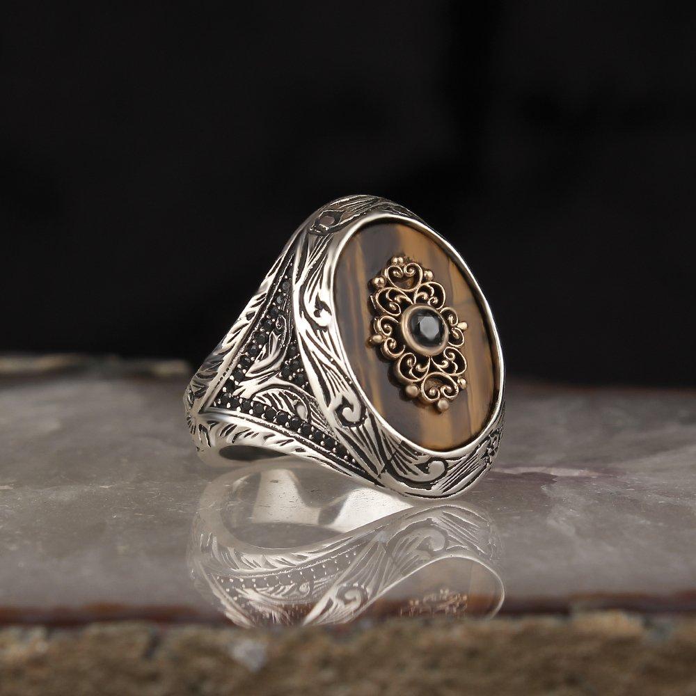 Kalem İşçilikli Kaplangözü Taşlı 925 Ayar Gümüş Erkek Yüzük