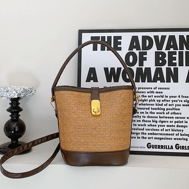 Vintage Fashion Woven Lock Handbag Women'S Versatile Shoulder Crossbody Bag Bucket Bag Women