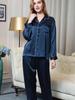 Long Indigo [Yumekairou] Women's Pajamas, 100% Silk, Satin, Sleeve, Simple, Bicolor, Plain, Piping, M-XL (L, Indigo)