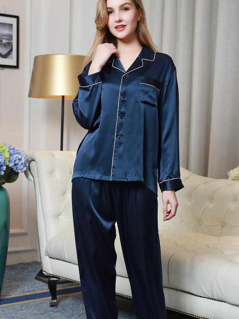 Long Indigo [Yumekairou] Women's Pajamas, 100% Silk, Satin, Sleeve, Simple, Bicolor, Plain, Piping, M-XL (L, Indigo)