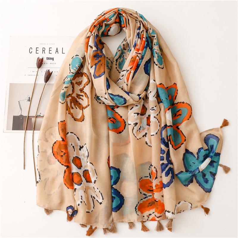 Женский этнический хлопково-льняной шарф Yitao: Дизайн с кисточками в виде колосков оранжевой пшеницы, идеально подходит для путешествий, пляжа или использования в качестве шали
