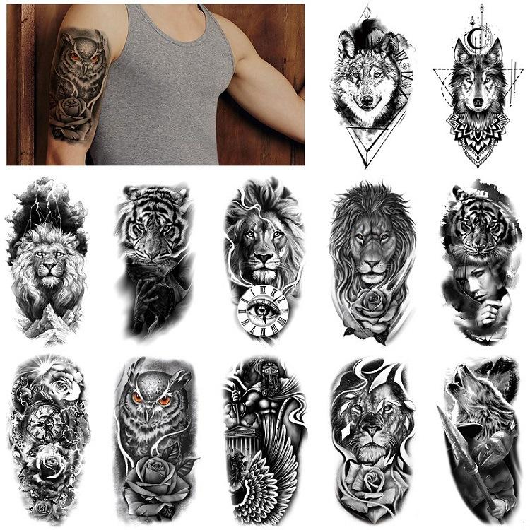 Set Tattoo Stickers 12 Black Animals Lion Wolf Big Pattern Water Transfer Print Simulation Tattoo Sticker Tattoo