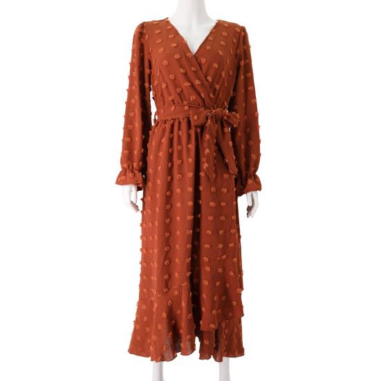 Women Spring Fall Dress Dot Applique Solid Color V Neck Belted Tight High Waist A-line Irregular Ruffle Hem Bohemian Flowy Wedding Party Maxi Dress