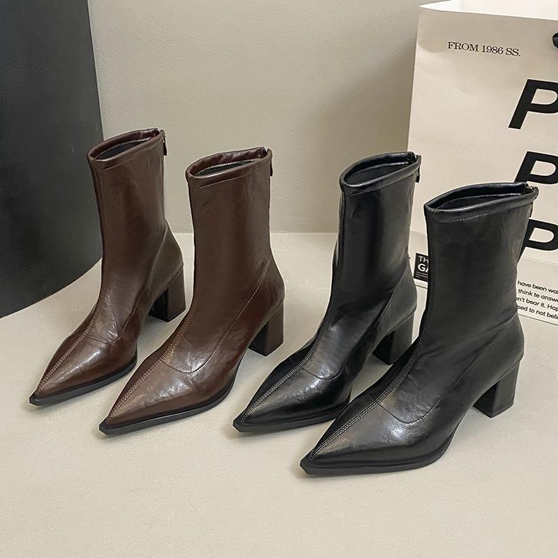 High Heel Coarse Heel Pointed Small Ankle Boots Women's Shoes 2025 Summer Brown Absolute Foreign Martin Boots Skinny Short Boots