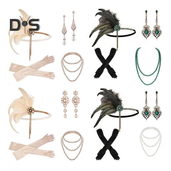 Комплект украшений 1920-х годов, повязка на голову, перчатки, серьги, сверкающие серьги, головной убор с пайетками, бусины, аксессуары для ролевых игр