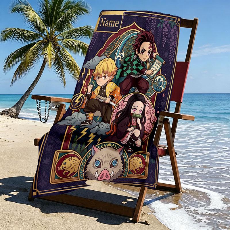 Custom Name Personalized Demon Slayer Print Beach Towel, for Trip Camping Beach Party Home Decor, Birthday Gift for Family & Friends